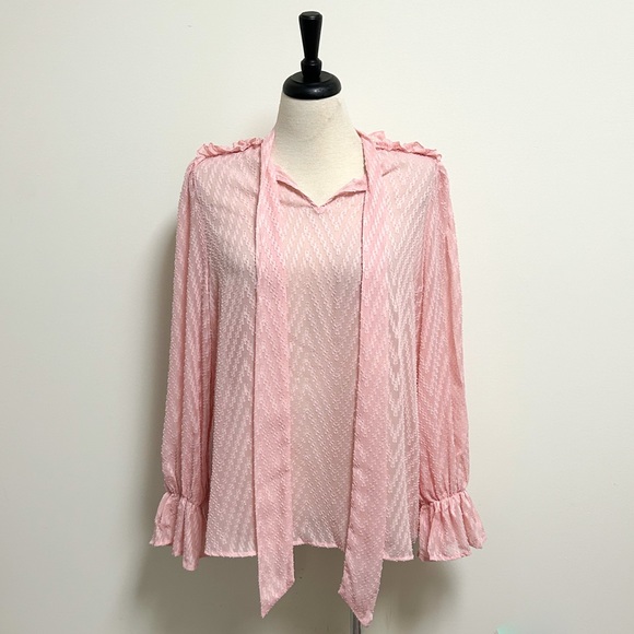 Shein Pink Sheer Chevron Faux Pearl Puff Flounce Sleeve Pussycat Bow Blouse 2XL - Picture 3 of 10